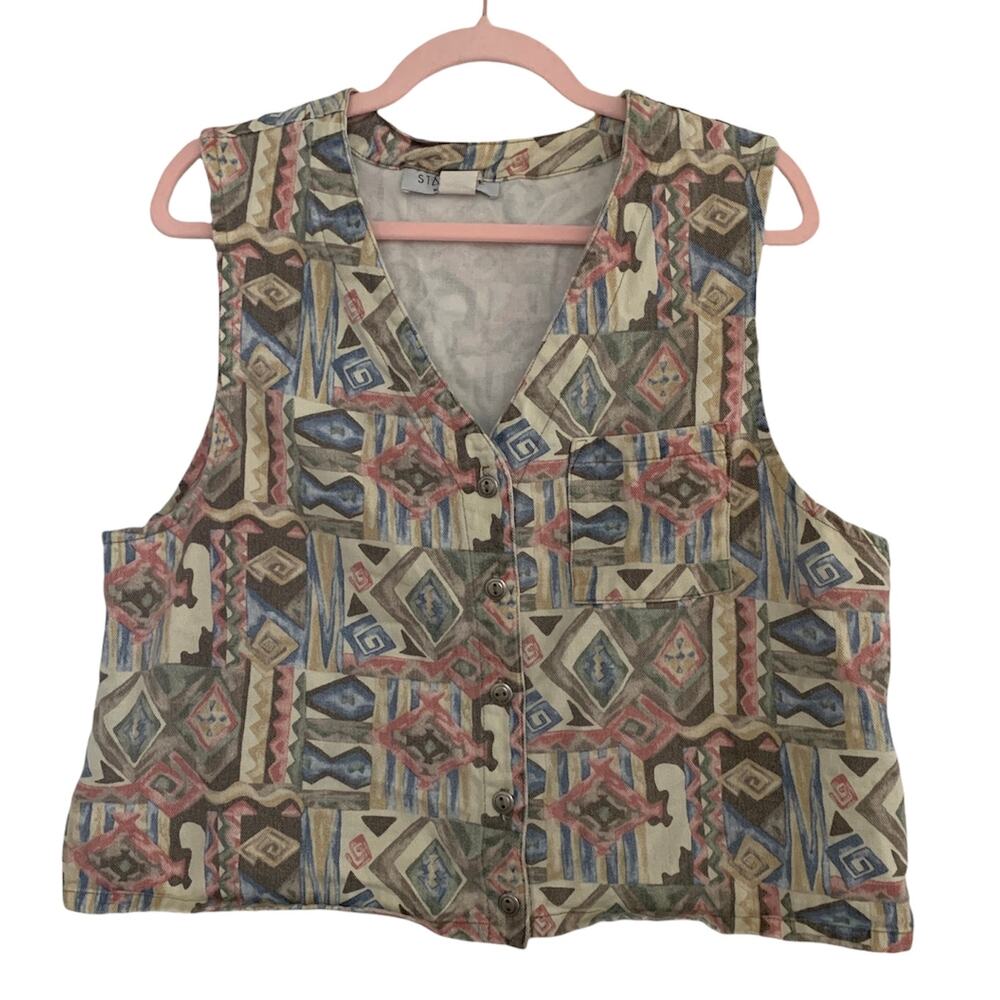 STAMPEDE Vintage Colorful Denim Button Down Sleeveless Vest Large